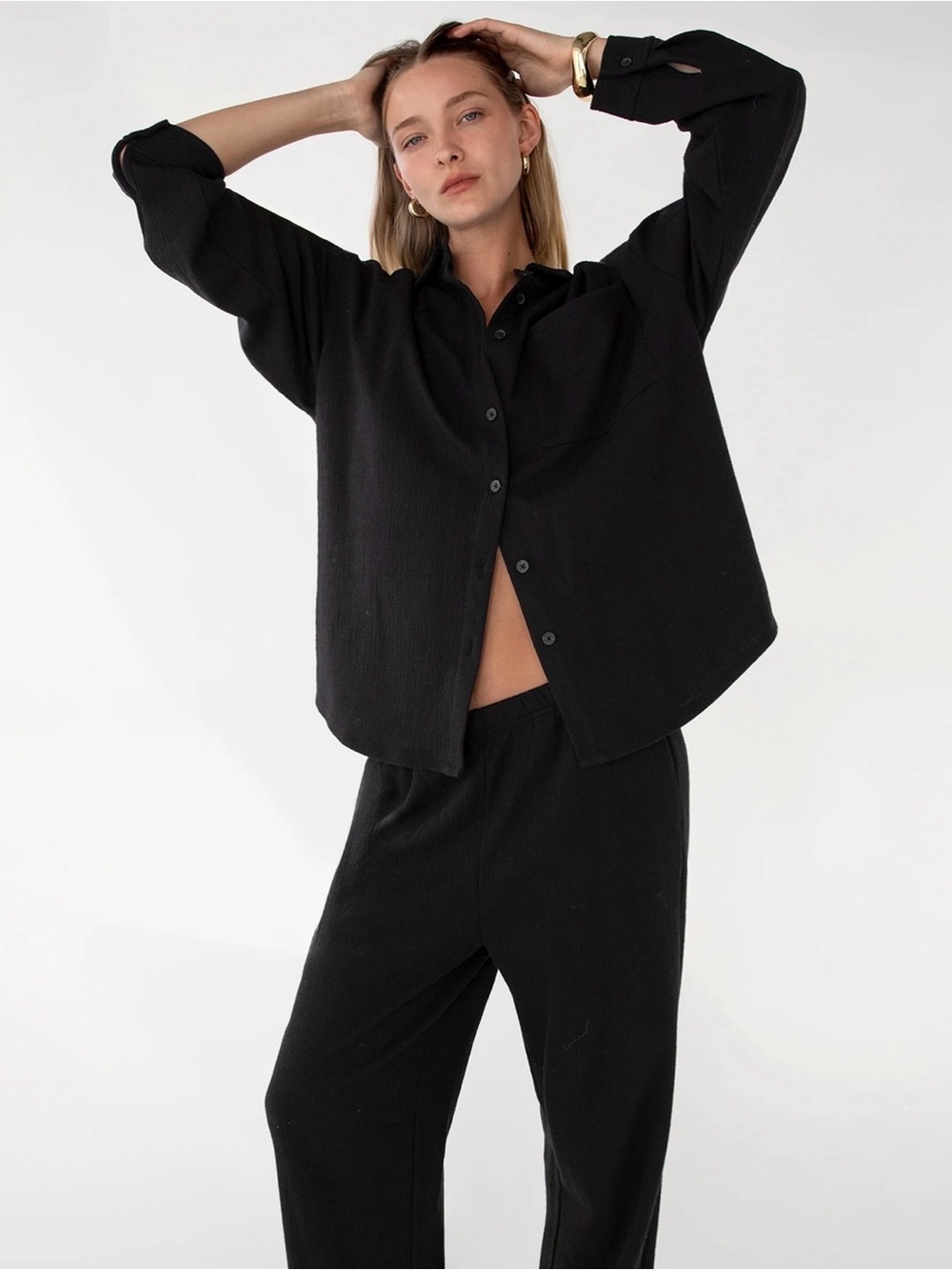Oak + Fort Oversized Button-Front Textured Shirt Black Medium - Picture 7 of 8